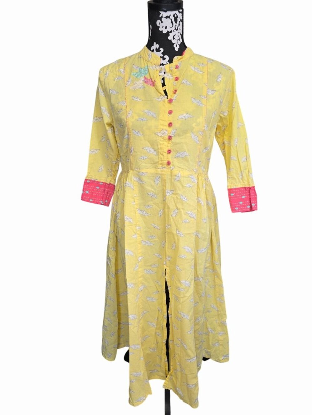 Yellow Ajio Midi Dress Origami Paper Boat Print Medium Art to Wear 100% Cotton